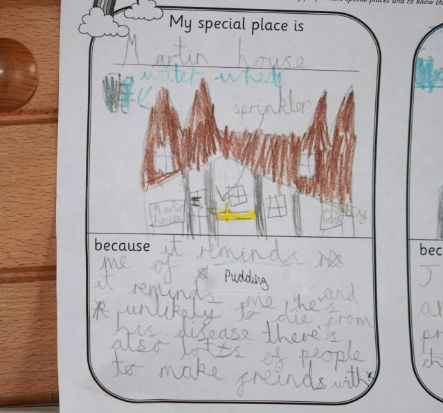 A child's drawing of Martin House Hospice with the caption 'My special place is...'