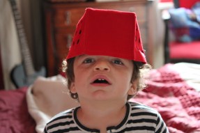 Pudding wearing a felt toy shopping basket on his head.